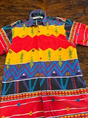 Vintage 80s NEWPORT BLUE Abstract Aztec Hawaiian Bu Shirt Men's S USA Geometric
